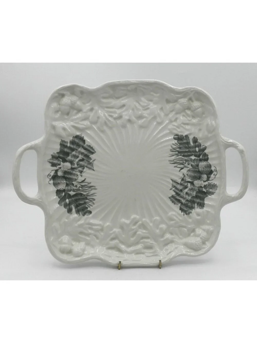 Aradia Square Serving Platter with Handles Portuguese Embossed Ceramic Acorns